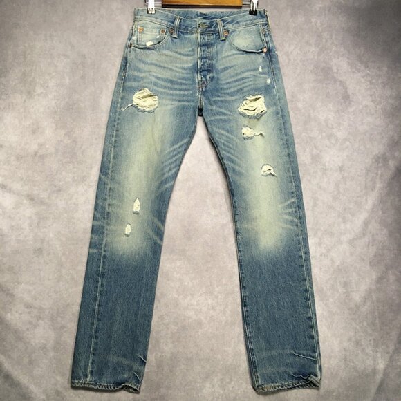Levis Men 501 Original Fit Blue Jeans size 30x32 Distressed Destroyed Light Wash - Picture 2 of 16